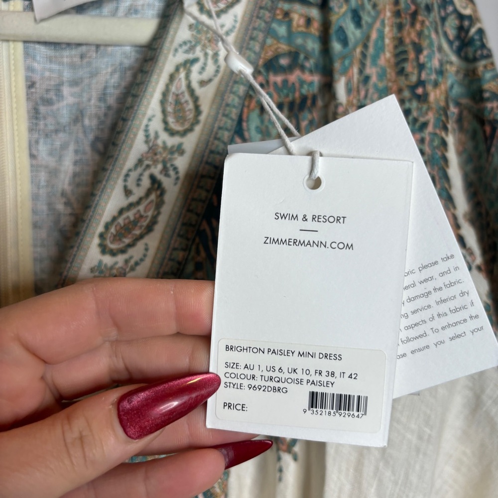 Zimmermann White Mini Dress with Teal and Beige Paisley Embroidery - Picture 7 of 16